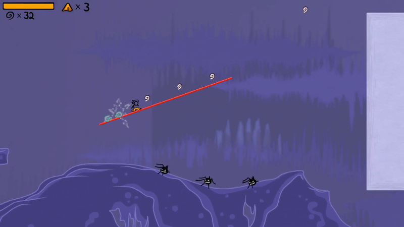 In this area, you have to glide up this bar, collect the swirls, and then jump over to that sheet of paper which you can ride with your pen.